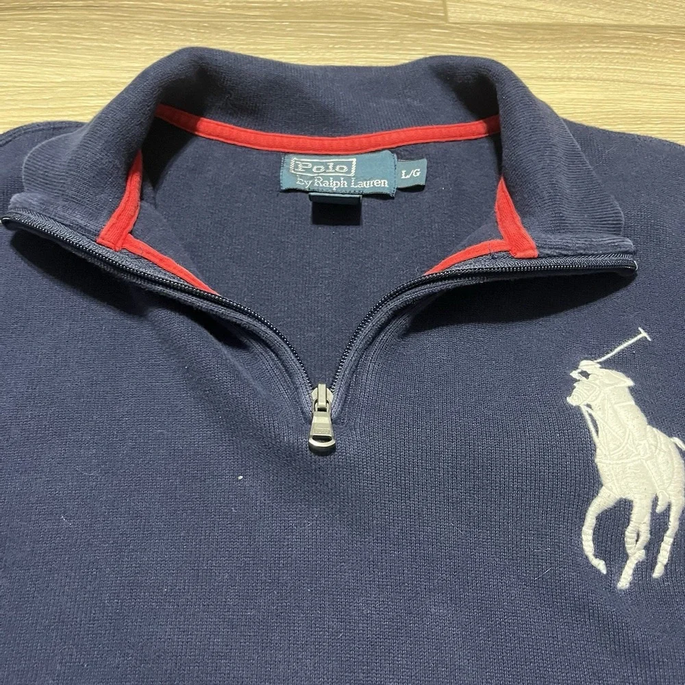 Polo Ralph Lauren Sweater Men's Large Blue 1/4 Zip‎ Pullover Big Pony Ski Patch